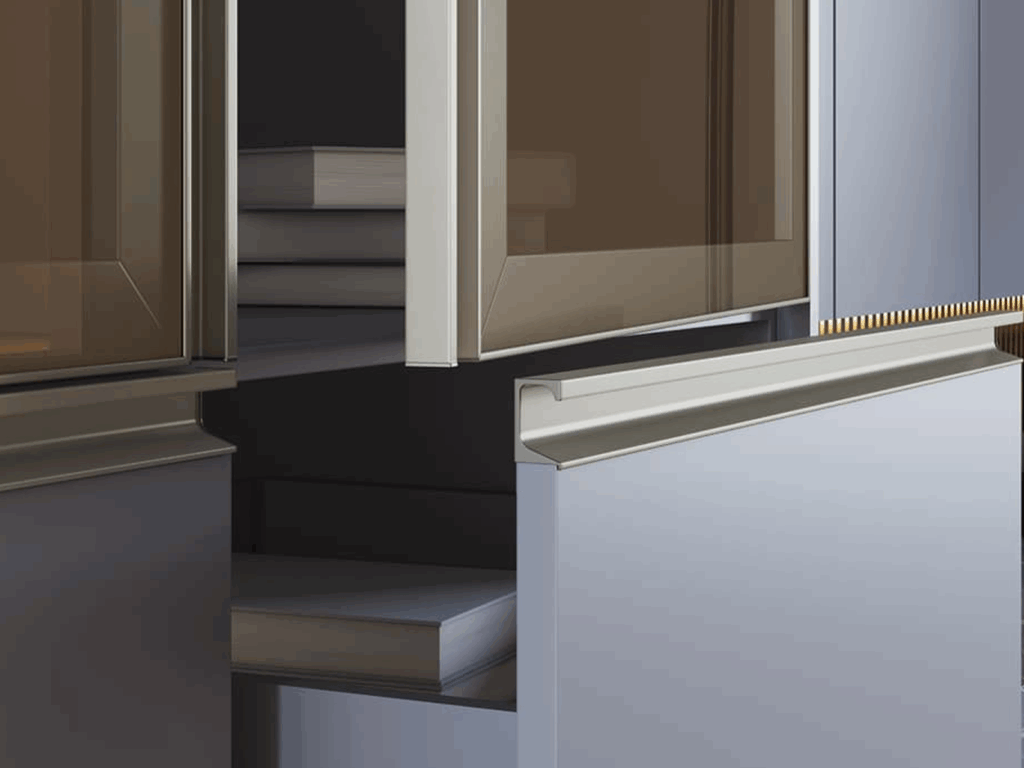 Pegador de alumínio em uma porta de MDF na cor cinza.